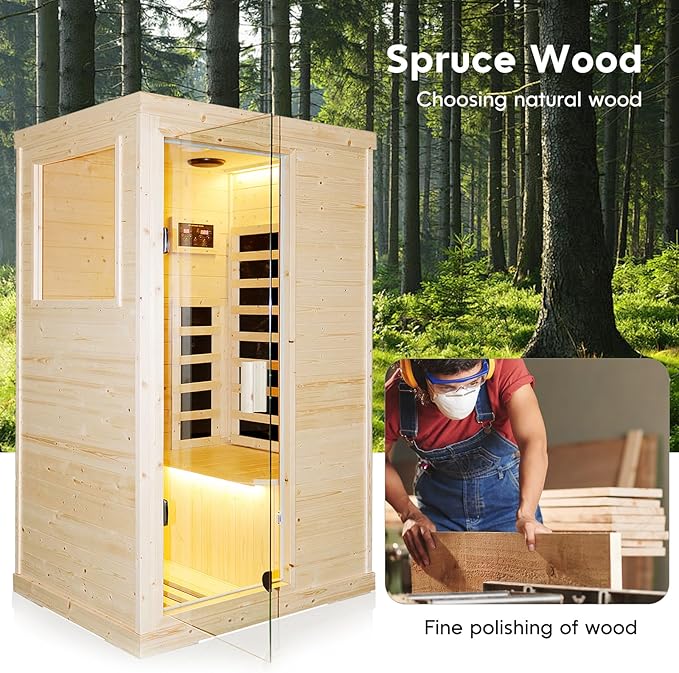 Sauna Infrared Far Infrared Sauna for Home 1 Person Sauna with Spruce Wood Dry Sauna for Home Sauna Room Low EMF Indoor Sauna for One Person in Home Sauna 900W with Speakers