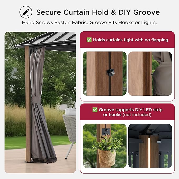 SUNJOY Kingston 10' x 10' Hardtop Gazebo with Galvanized Steel/Polycarbonate Double Roof, Curtain and Netting, Woodgrain Finish Aluminum Posts Permanent Pavilion Gazebo for Garden, Patio, Deck, Lawn