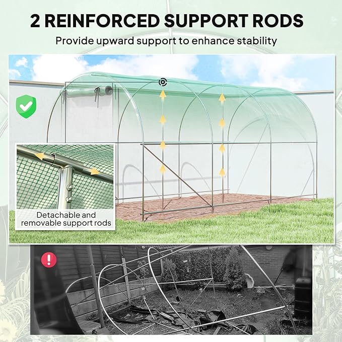 Outsunny 14.6'x6.5'x6.6' Hoop House Greenhouse with 2 Support Rods, Zippered Roll-up Mesh Door, Mesh Windows, Walk-in Tunnel Greenhouse with PE Cover, Galvanized Steel Frame, Outdoor Garden, Green