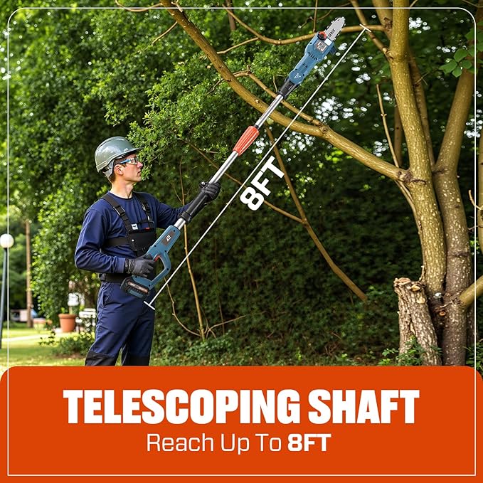 SENIX 20V Cordless Pole Saw, 8 Inch Telescopic Electric Pole ChainSaw with Articulating Head, 2.5Ah Battery & Charger Included for Tree Trimming, Pruning, and Cutting