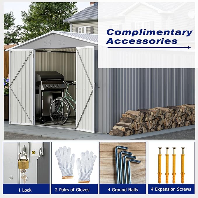 8x12 FT Outdoor Storage Shed W/Floor Frame,Metal Shed W/Double Lockable Doors,Garden Tool House W/ 2 Vents & Sloped Roof,for Backyard Patio Lawn,Gray