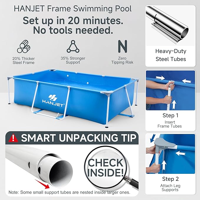 10ft x 6.5ft x 29.5in Large Rectangle Above Ground Pool for Kids, Swimming Pool Set for Backyard, Odor-Free Non-Toxic Material, Easy Clean Design with Reinforced Steel Frame