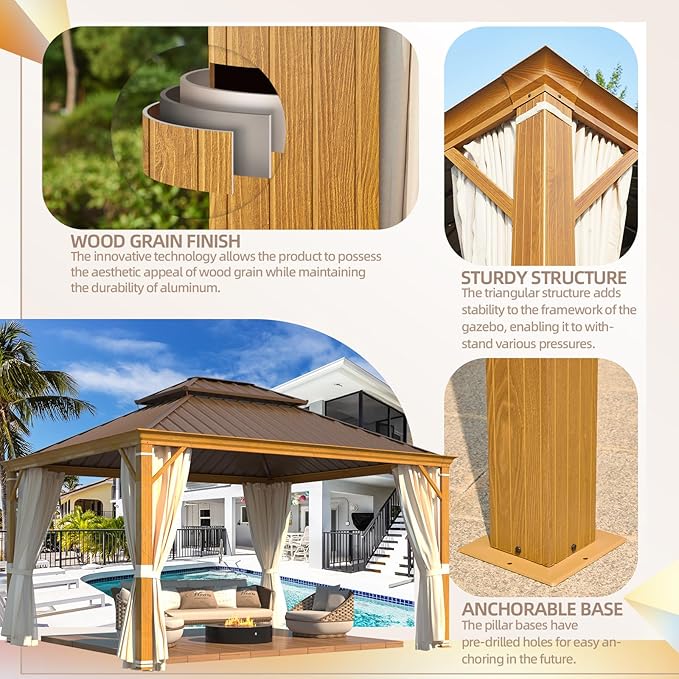 YOLENY 12' x 14' Hardtop Gazebo, Wood Grain Aluminum Frame Canopy with Galvanized Steel Double Roof, Outdoor Patio Gazebo with Netting and Curtains for Backyard, Patio, Lawns