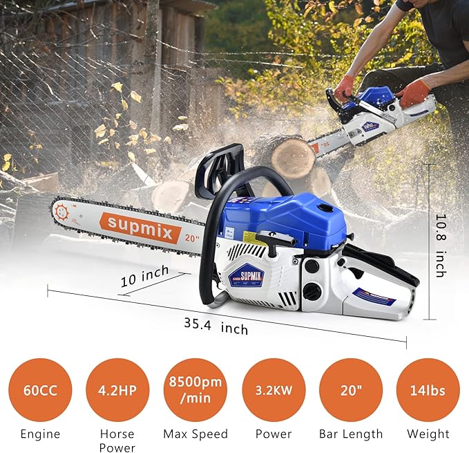 62cc 20 Inch Gas Chainsaw 2-Stroke Petrol Gasoline Chain Saw for Wood Cutting Logging Yard Work