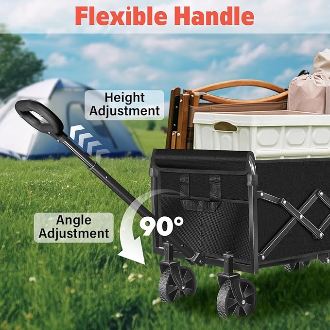 Wagons Carts Foldable,360 lbs Collapsible Wagon with Wheels Foldable Wagon Cart with Flexible Handle,Lightweight Portable Folding Cart for Camping Beach Picinic Grocery Sports Shopping Classic Black