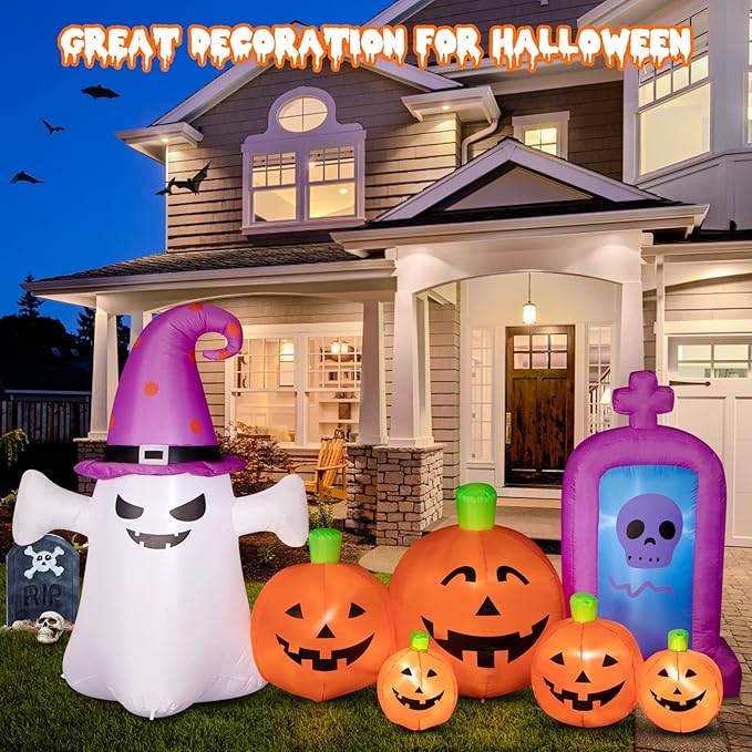 Halloween Decorations Outdoors 8FT Long Inflatable Pumpkin with Ghost and Skull Tombstone Scary Blow Up Halloween Pumpkin Decoration Built-in LEDs for Party Garden Lawn Decor