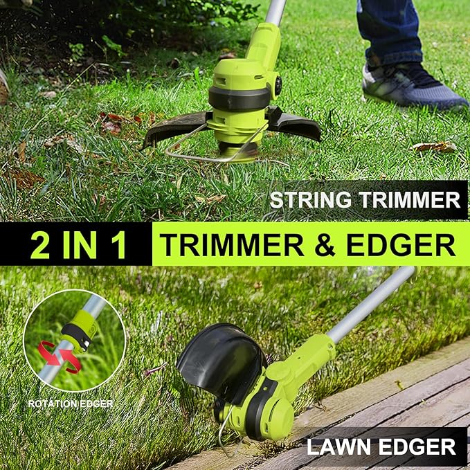 12 Inch String Trimmer Cordless, 21V Electric Weed Wacker with 2.0Ah Battery Powered, Auto Line Feed, 2 in 1 Trimmer and Lawn Edger with 4 Bonus Spools for Lawn, Garden, Yard