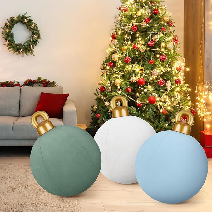 Jetec 3 Pcs 32 Inch Giant Velvet Christmas Inflatable Balls Ornament Flocked Xmas PVC Inflatable Flocked Ball Ornaments for Christmas Holiday Outdoor Blow up Yard Decor(Light Green, White, Gray Blue)