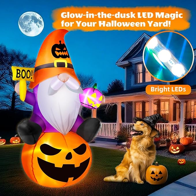 5FT Halloween Inflatables Gnome with Pumpkin Halloween Decoration Outdoor Built-in Brilliant LED Lights, Blow Up Yard Decorations Outdoor Indoor Garden Party Lawn