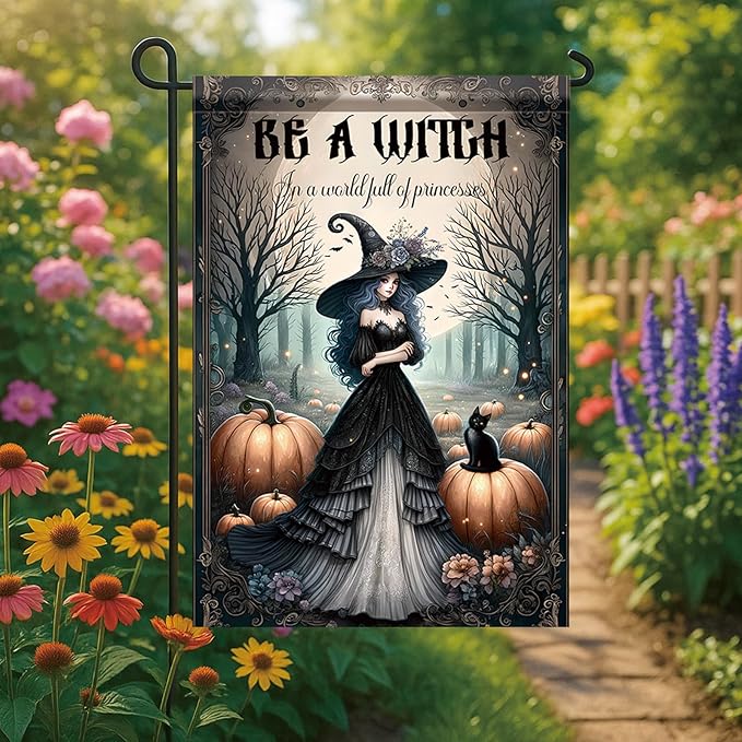 Halloween Witch Garden Flag 12x18 Inch Double Sided for Outside Witch in Black Dress Pumpkin Cat Yard Flag for Outdoor Holiday Home Decor
