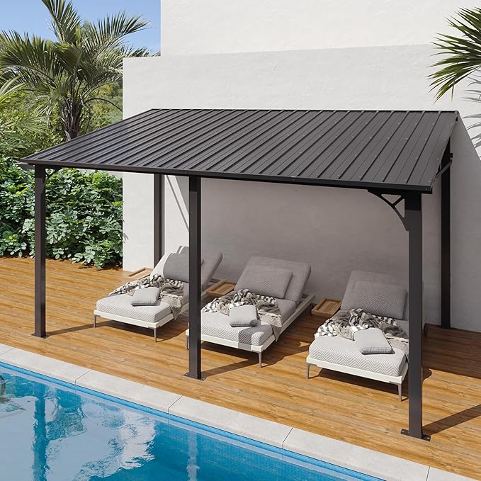 Aoxun 10' x 14' Lean to Gazebo, Upgraded Hardtop Outdoor Pergola with Sloping Galvanized Steel Roof, Large Wall-Mounted Heavy Duty Awnings for Patio, Backyard, Deck, Porch (Dark)