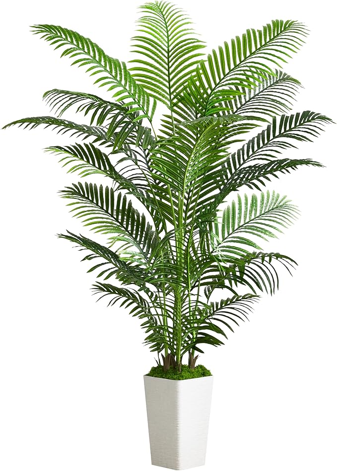 Artificial Palm Tree Artificial Silk Plant Fake Tree with White Tall Planter Faux Tropical Areca Floor Plant in Pot (1, White Tall Planter, 6 FT)