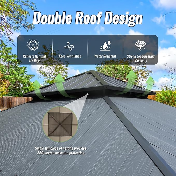 Domi 12’x12’ Hardtop Gazebo with Gutters, Outdoor Patio Gazebo Canopy with Resin & Metal Roof, Heavy Duty Permanent Pavilion for Backyard, Deck, Hot Tub, Curtains and Mosquito Netting Included