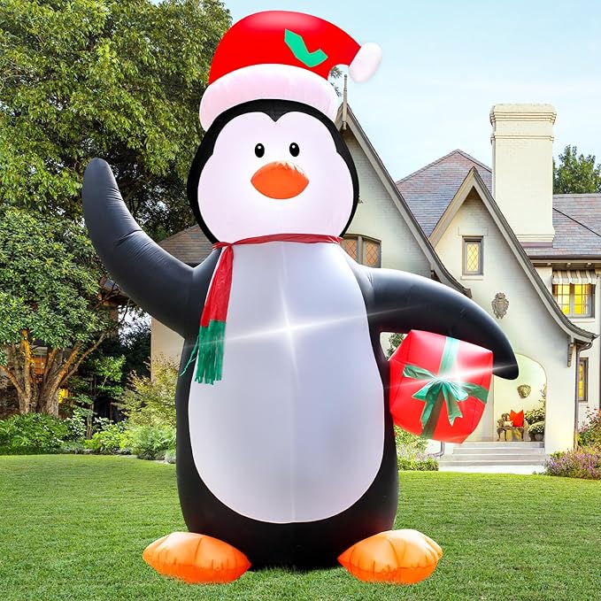 12 Feet Christmas Inflatable Penguin Holding Gift LED Lights Outdoor Decoration for Lawn Garden Entrance Holiday Party Festive Atmosphere Cute Toy