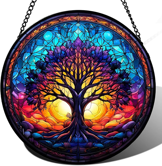 Tree of Life Suncatcher -7.9 in Stained Glass Window Hanging Catcher Garden Decor