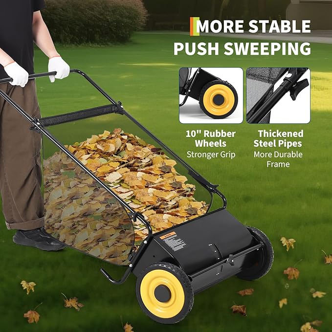 GAOMON 26-Inch Push Lawn Sweeper, Grass, Lawn and Leaf Cleanup Collector with Large 7 cu. ft. Hopper Bag, and Dual Spinning Brushes, Black