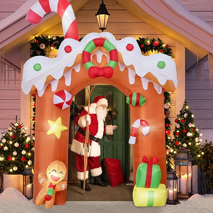 DearSun 10FT H Christmas Inflatable Gingerbread House Archway with Build-in LED Lights, Blow up Christmas Inflatable Outdoor Decorations Large Party Yard Decoration