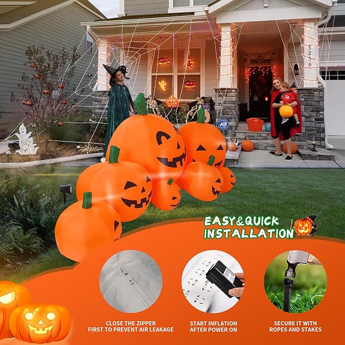 DearSun 8.0FT Long Halloween Inflatable Pumpkin Patch Fall Inflatable Thanksgiving Inflatable Pumpkin Patch Blow up Pumpkin Decor Outer Large Party Yard Decoration