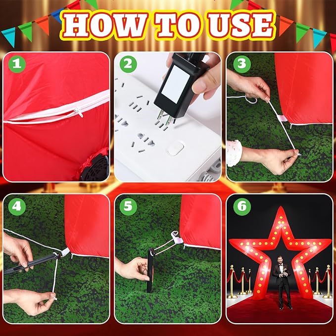 Preboun 10 ft Movie Night Party Decorations Inflatable Large Blow up Star Sign with LED Light Inflatable Arch Kit Light Star Blow up Sign for Movie Night Party Carnivals Birthday Decoration(Red)