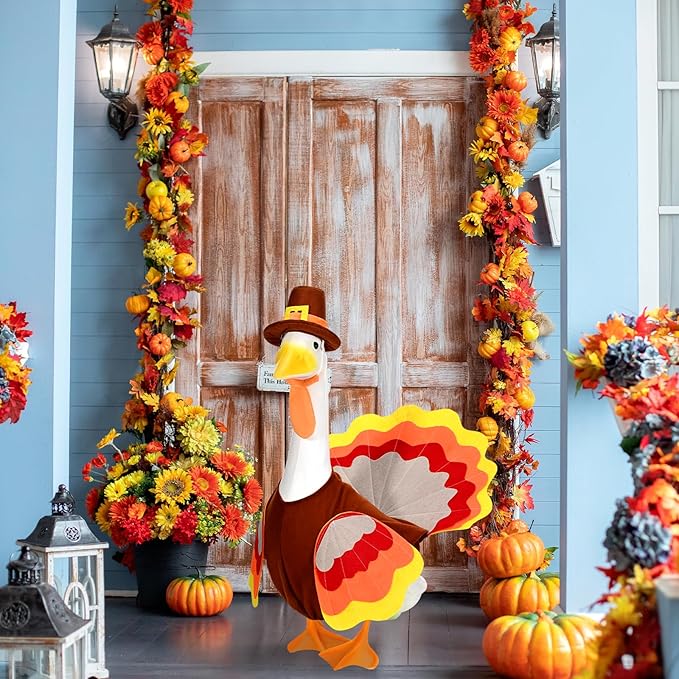 Thanksgiving Turkey Porch Goose Outfits Fall Lawn Goose Clothes, Fits 23" Cement Plastic Goose Statue for Autumn Outdoor Garden Yard Patio Statue Art Decoration