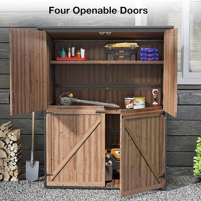Outdoor Storage Shed with Floor, Waterproof Storage Cabinet with Metal Frame, Adjustable Shelves, Garden Shed for Backyard Garden Patio Lawn - Dark Brown