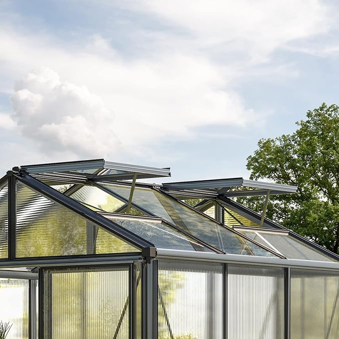 Greenhouse Diamas 21 Premium 7.7 x 7.7 ft with Approx. 16 mm Polycarbonate Panels, Natural Aluminum Color, with 2 Automatic Vent Openers