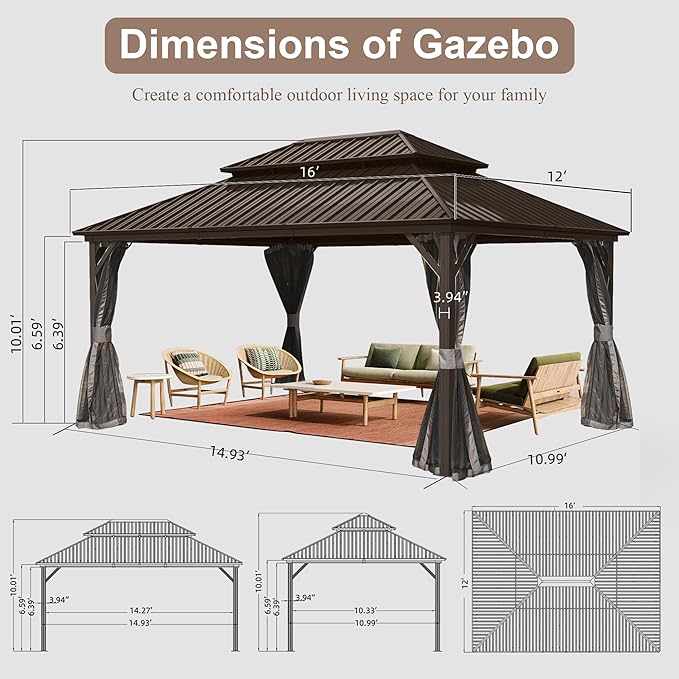 Domi Hardtop Gazebo 12x16FT, Aluminum Outdoor Gazebo with Galvanized Steel Double Roof Canopy, Curtains and Netting Included, Metal Gazebo Permanent Pavilion for Patio, Lawn, Garden, Brown
