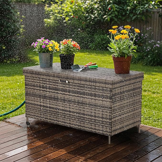 AVAWING 240 Gallon Wicker Deck Box, Outdoor Storage Box with Portable Wheels and Handles, Patio Rattan Container for Garden, Balcony, Yard (Grey)