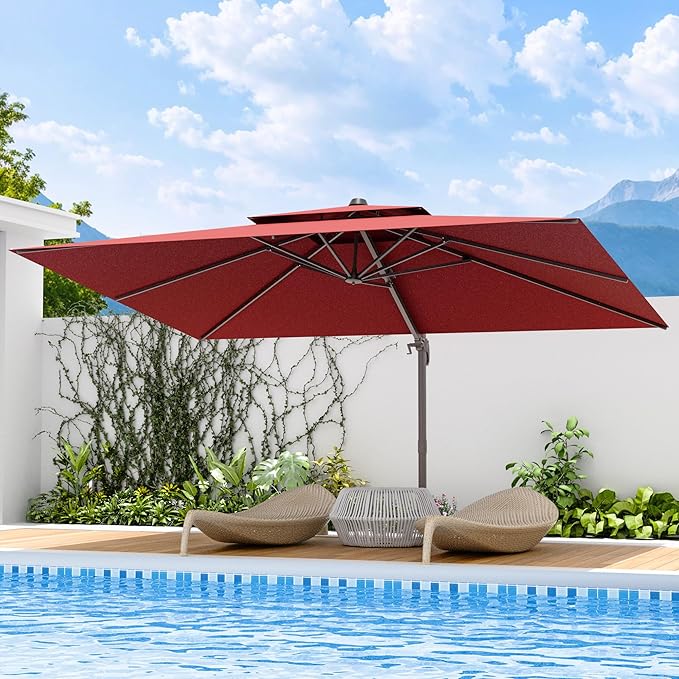 10x13 FT Patio Umbrella, Large Cantilever Rectangular Double Top Heavy Duty Offset Umbrellas with 360° Rotation, Outdoor shade for Garden Deck Pool Patio, Red