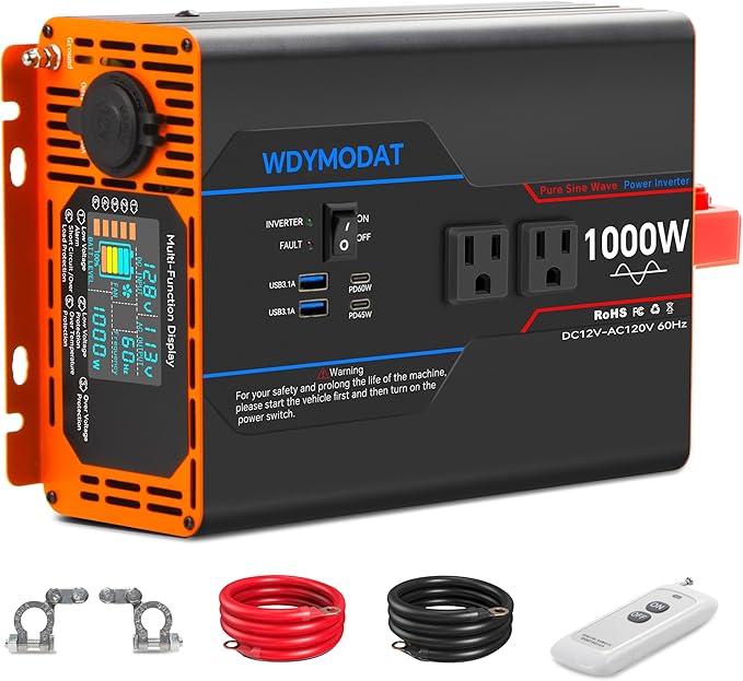1000W Pure Sine Wave Inverter, Car Power Inverter 12V to 110V 120V, DC to AC Converter Generator with AC Outlets 3.0A USB Type-C, Remote Controller LCD Display Truck Inversor for Vehicles, RV