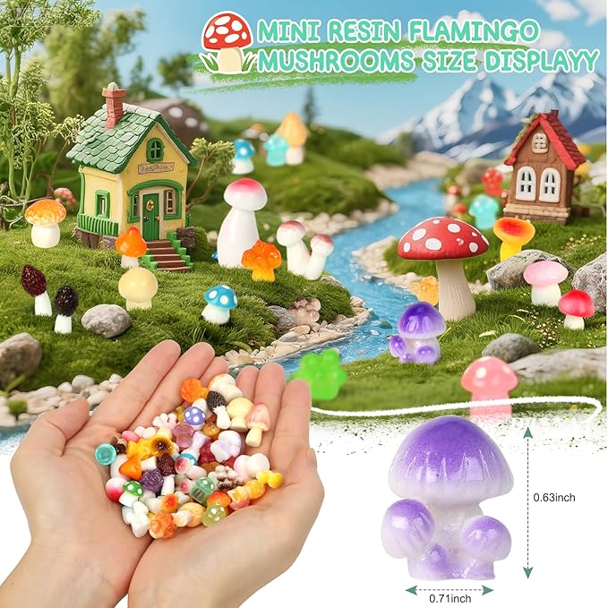 200pcs Mini Mushrooms Tiny Resin Mushrooms Miniature Little Small Mushroom Figures Bulk for for Micro Fairy Garden Landscape Aquarium Accessories Dollhouse Hide Crafts Decor