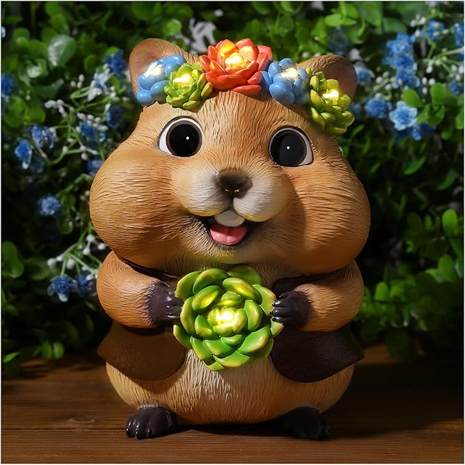 Solar Garden Decor Outdoor Statues Hamster with Succulent and LED Lights Birthday Gifts for Women Mom Grandma Outside Decorations for Lawn, Porch, Yard, Patio, Balcony