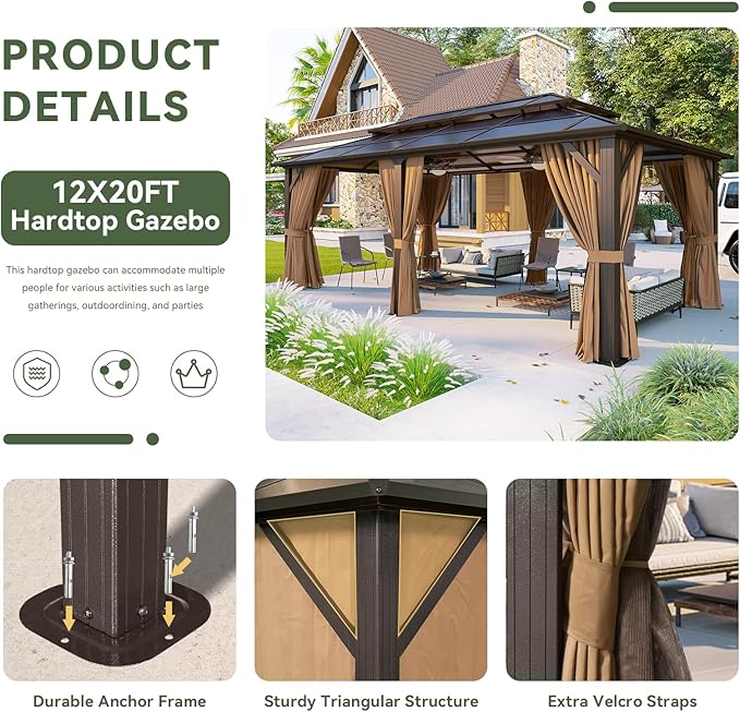Aoxun 12'x20' Hardtop Gazebo, Aluminum Frame Permanent Pavilion with Curtains and Netting, Outdoor Polycarbonate Double Roof Canopy, Designed for Garden, Lawns, Patio