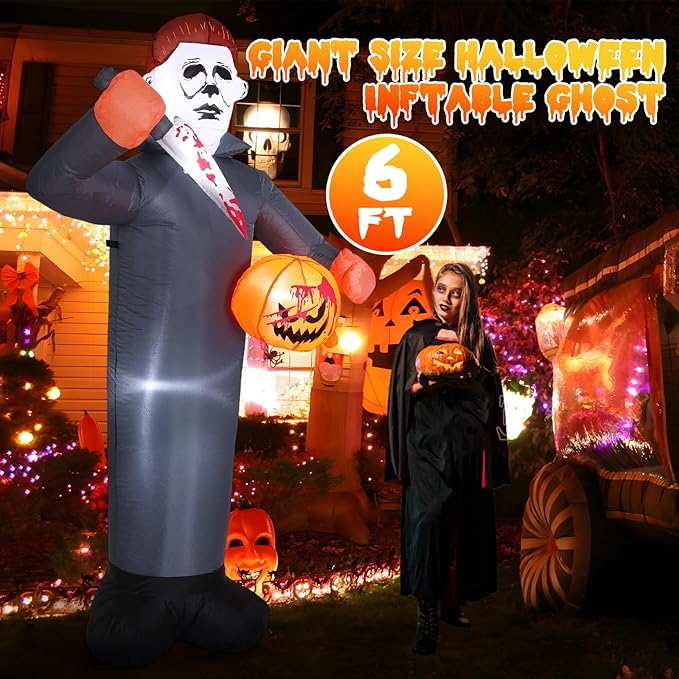 6FT Killer Halloween Inflatable Blow Up with Pumpkin & Prop Blade, Built-in LED Lights, Scary Halloween Inflatables Outdoor Decorations for Yard Lawn Garden Porch Party