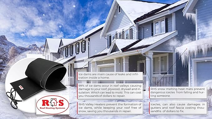 RHS Roof & Valley Snow Melting Mats – Ice Dam Prevention, American-Made, Black, Melts 2” Snow/Hour (15’ x 13”)