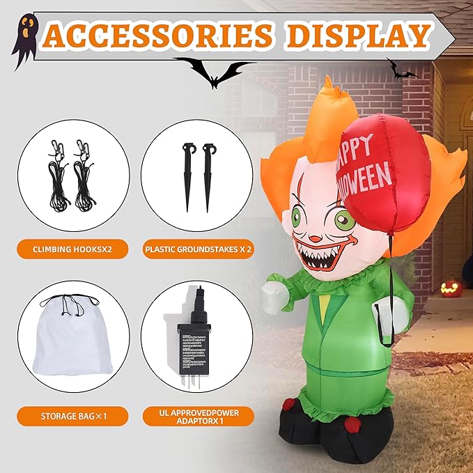 DearSun 6FT H Halloween Inflatable Clown with Build-in LED Lights Blow up Halloween Inflatable Outdoor Indoor Decoration Large Party Yard Decoration