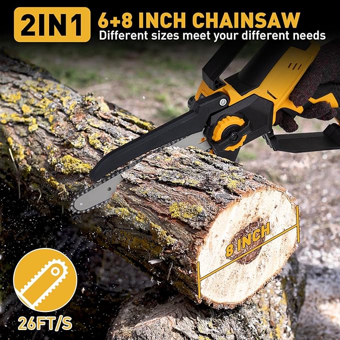 Mini Cordless Chainsaw for Dewalt Battery 20V MAX, 8" & 6" 2-IN-1 400W Electric Brushless Chainsaw with 3000mAh Batteries & Auto Oiler Hand Saw for Wood Cutting, Tree Trimming