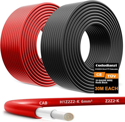 Oududianzi 2x100 Feet Solar Panel Wire, 10AWG Solar Wire Tinned Copper PV Cable for Outdoor Automotive RV Solar Panels Boat Marine