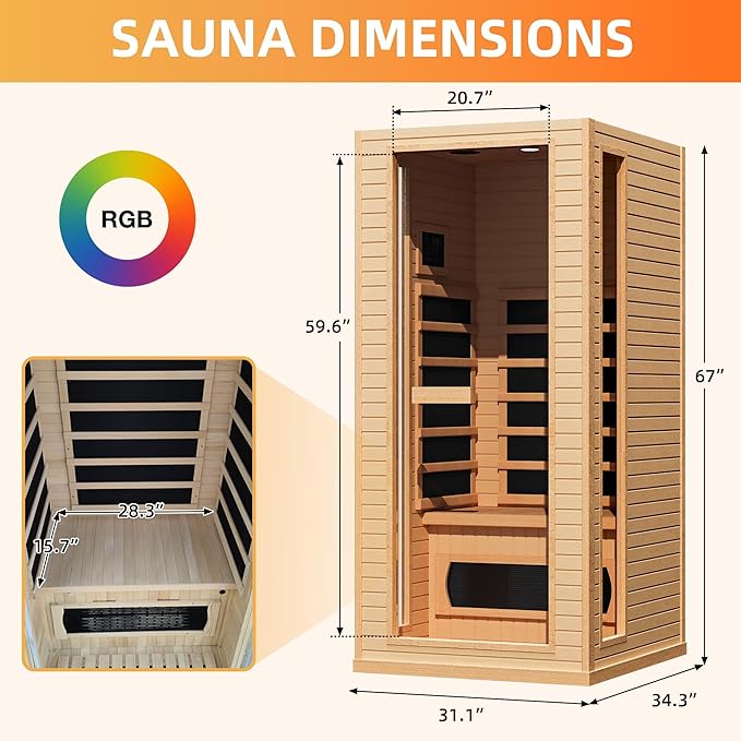 1 Person Infrared Sauna, Full Spectrum Roomy Saunas for Home, Indoor Dry Sauna with Bluetooth and 7 Color Therapy Lights, 110V