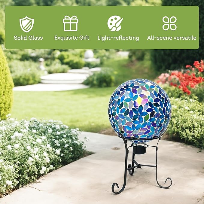 Lily's Home 10" Mosaic Gazing Ball for The Garden, Patio, and Courtyard. Indoor/Outdoor Glass Gazing Globe Yard Decoration. Vibrant Colores and Ideal Lawn décor and Gift.