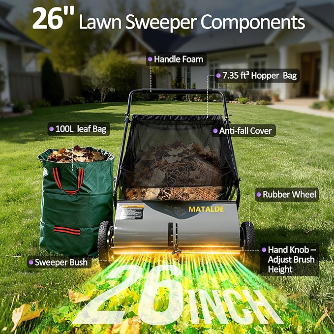 26" Push Lawn Sweeper with 7.5 cu. ft Mesh Collection Hopper Bag, 100L Leaf Bag, 4 Adjustable Height Spinning Brushes, Steel Frame & Rubber Wheels – Quick Cleaning for Leaves and Grass,Grey