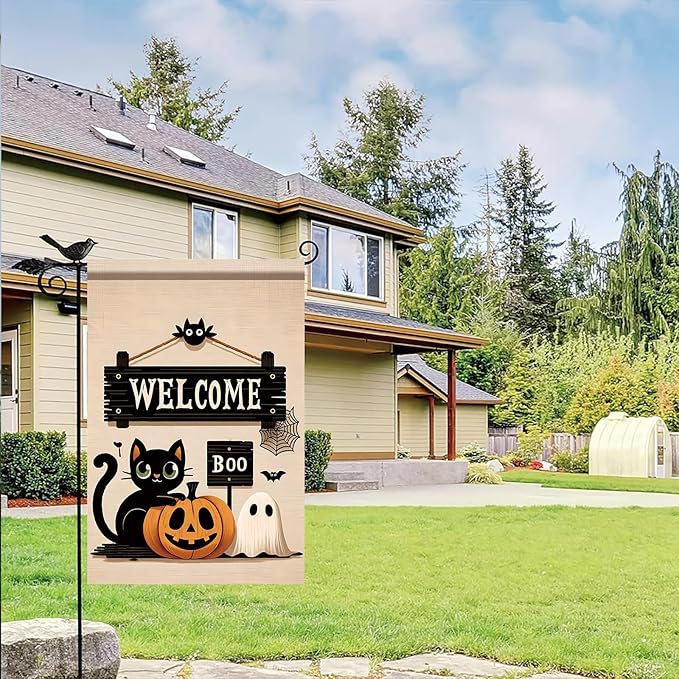 Halloween Black Cat Welcome Garden Flag 12x18 Inch Double Sided for Outside Cute Cat Pumpkin Ghost Yard Flag for Outdoor Holiday Home Decor
