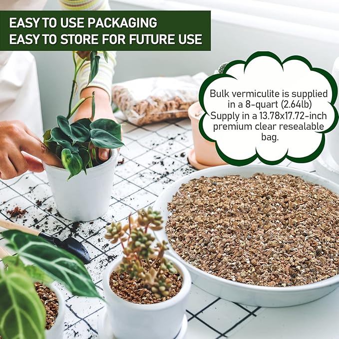 8QT Horticultural Vermiculite Bulk, Organic Vermiculite for Plants, Course Grade Vermiculite for Gardening, for houseplants, for Mushrooms, to Maintain Soil Moisture and Plant Growth(3-6mm)