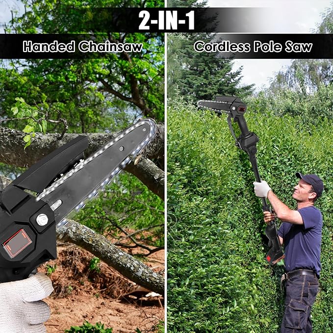 2-in-1 Cordless Pole Saw & Mini Chainsaw, Battery Powered 5.1lb Lightweight Multi-Angle & 13FT MAX Reach 6 Inch Electric Pole Saw for Tree Trimming & Branch Cutting