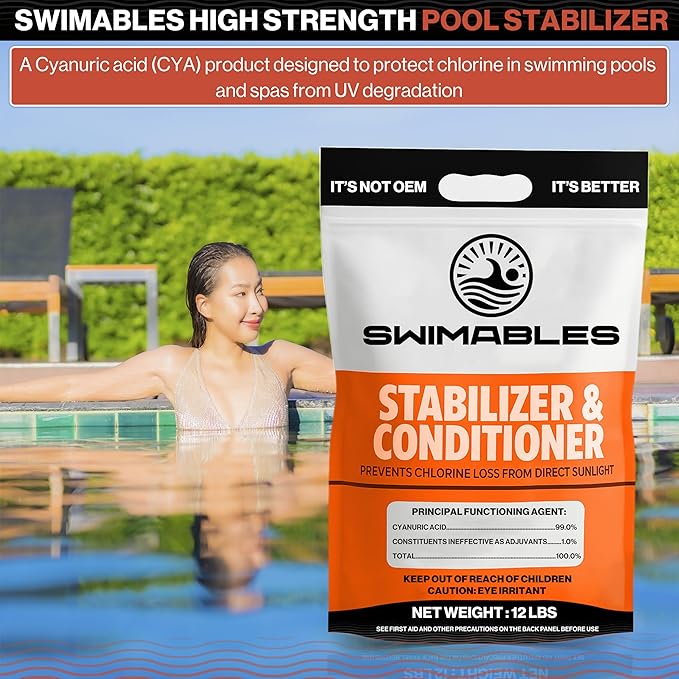 Swimables 12-Pounds Premium Pool Stabilizer & Conditioner, Max Strength Cyanuric Acid for Pools, Spa & Salt Water – Reduces Chlorine Loss, Ideal for Swimming & Hot Tubs