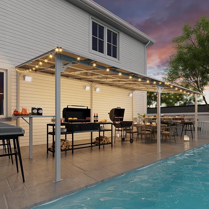 MEISSALIVVE 12' x 20' Wall Mounted Gazebo, Outdoor BBQ Grill Gazebo with Side Shelf, Lean to Metal Awnings with Sloped Roof, Heavy Duty Pergola for Backyard, Deck, White