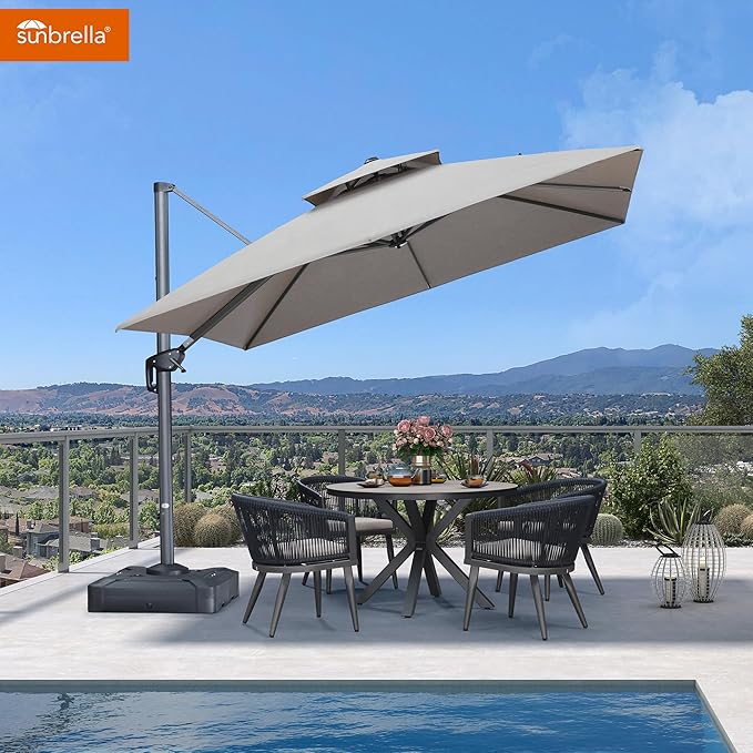 PURPLE LEAF Cantilever Umbrella with Base Included Outdoor Double Top Deluxe 10 Feet Square Patio Offset Hanging Square Umbrella for Garden Patio Deck Pool Cast Ash