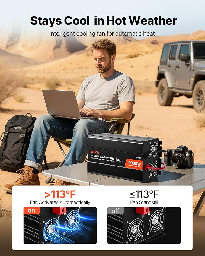 VEVOR 4000W Power Inverter, 12V DC to 120V AC Pure Sine Wave Inverter, Solar Car Charger Converter with LCD Display, Remote Control, 2 USB Ports, 4 AC Outlets, Type-C Port, for RV, Truck Outdoor