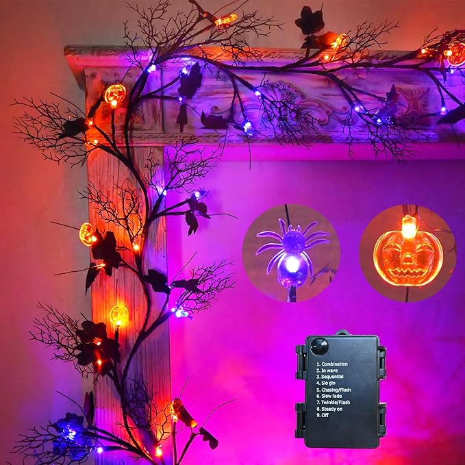 Halloween Garland with Lights 8.86FT 72LED Willow Vine Twig with Timer Black Garland Lights with Orange Pumpkins Purple Spiders and Black Leaves Dead Branches Halloween Decorations Indoor Outdoor