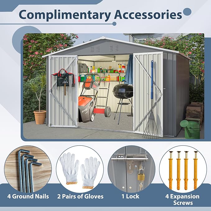 10X8 FT Outdoor Storage Shed W/Lockable Doors,Metal Shed W/Sloped Roof & Air Vents,All Weather Garden Tool House for Backyard Patio Lawn,Gray